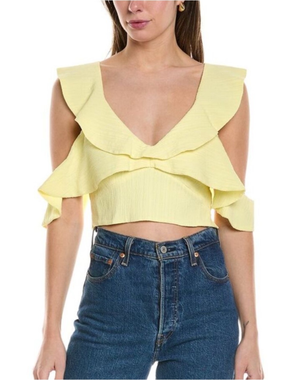 MAJE Ruffled V-Neck Crop Top - Yellow